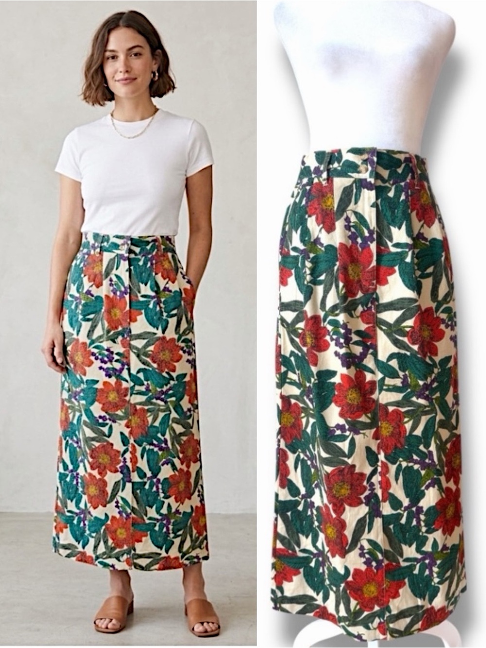Vintage 90s Birch Bros Floral Midi Skirt High Waisted Cotton Pockets Size 2 XS